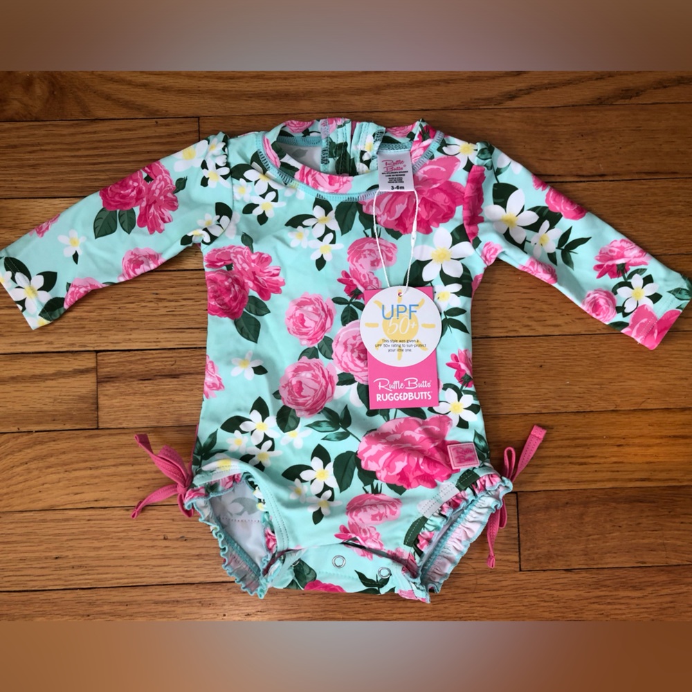 Ruffllebutts Floral Infant Swim One Piece - Pink and Green